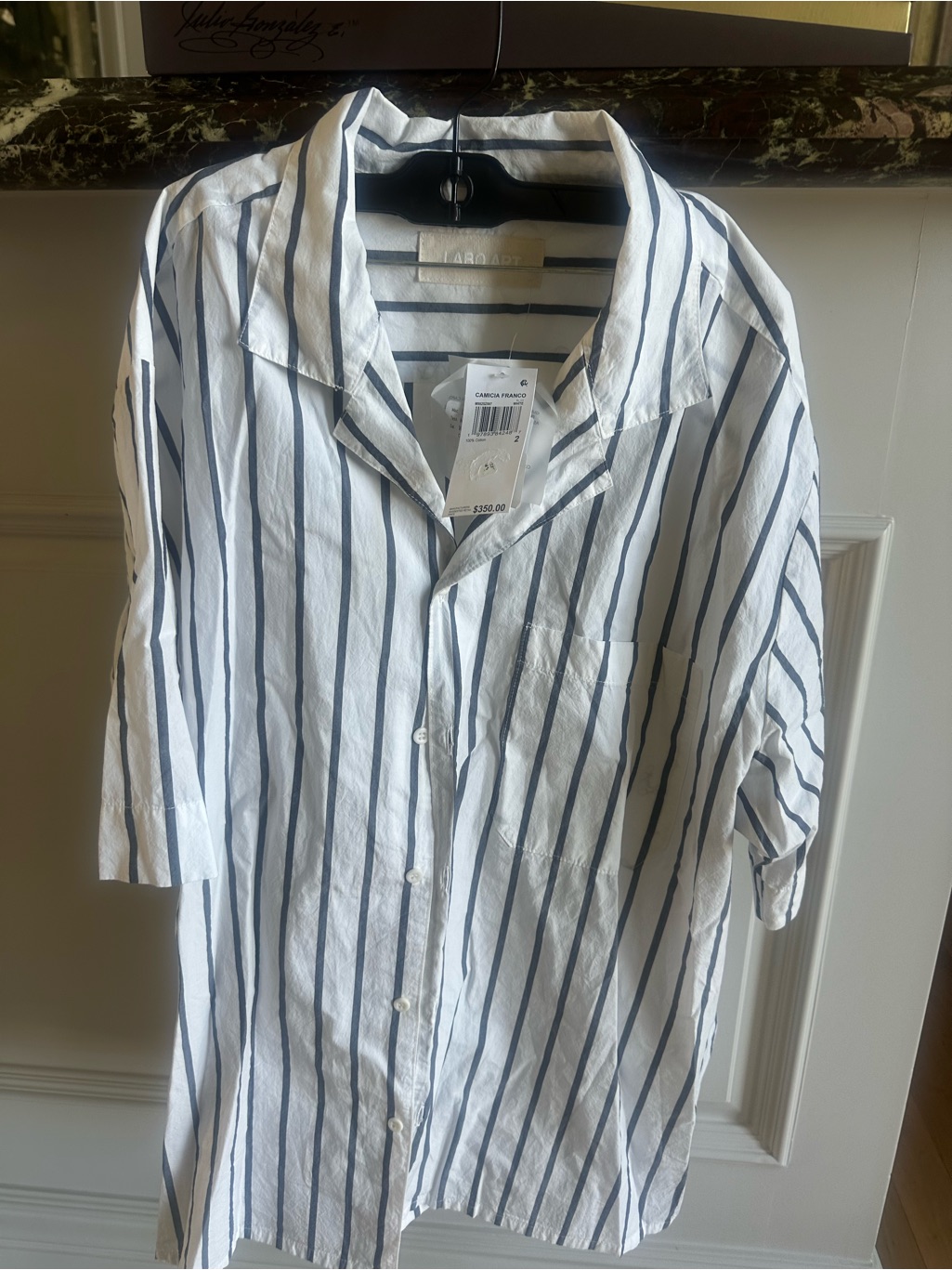 Labo.Art Italian White & Navy Striped 100% Cotton Shirt Nwt Size 2 — image 2 of 4